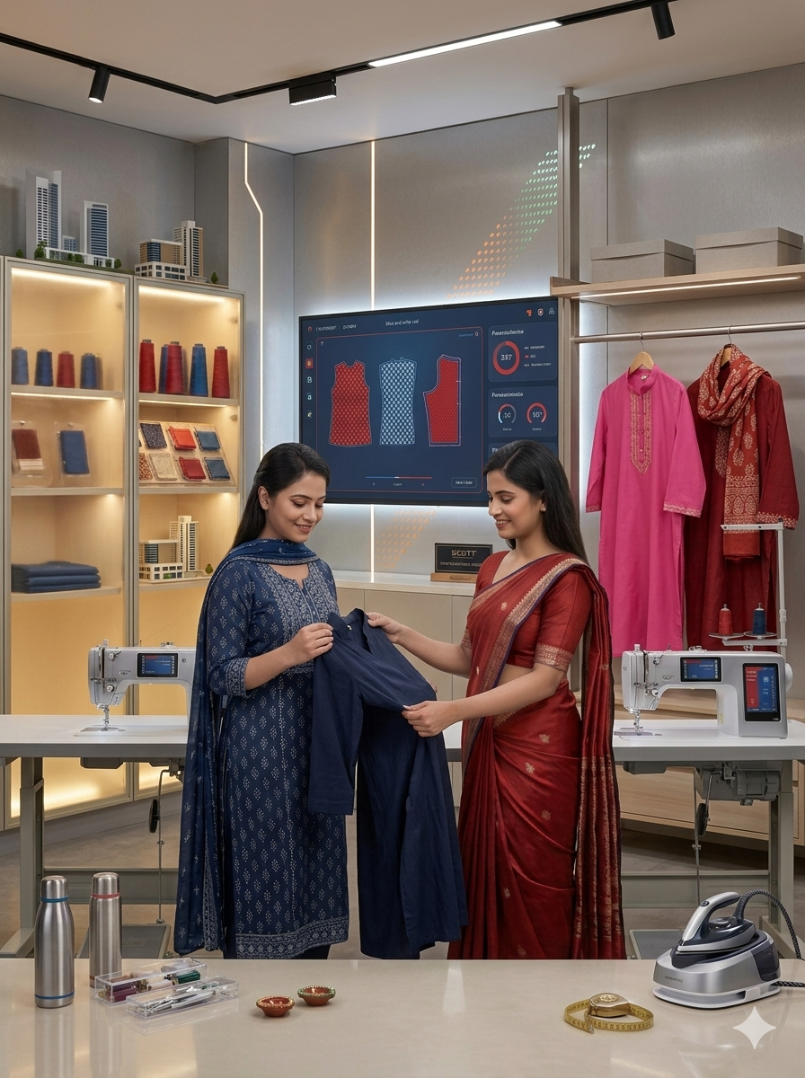 Two women in traditional Indian attire in a modern tailoring or fashion design studio, working with fabric and sewing machines. One woman is holding a dark blue fabric while the other assists. The studio features shelves with colorful yarns, fabric swatches, and digital design screens.