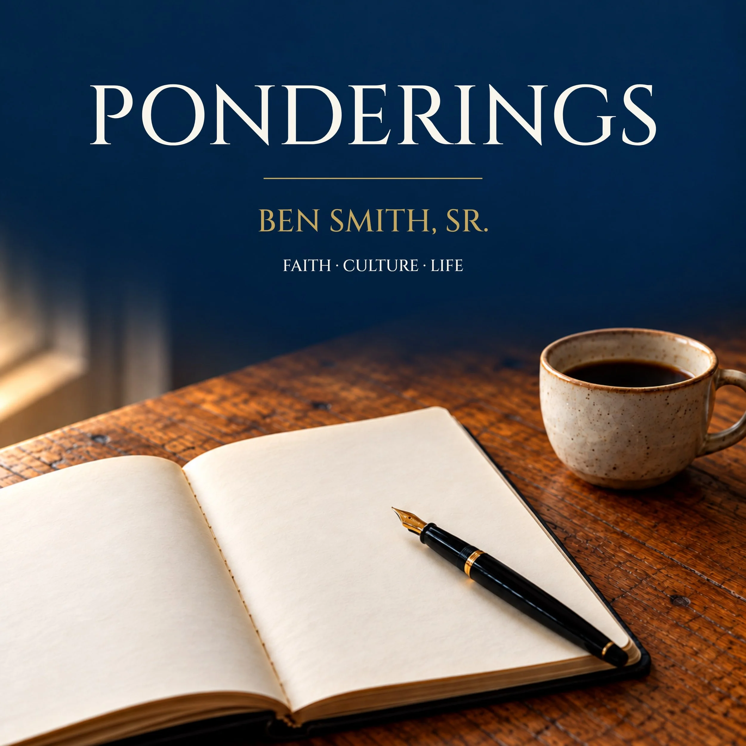 Ponderings with Ben Smith, Sr. — an open notebook, fountain pen, and coffee on a quiet desk.