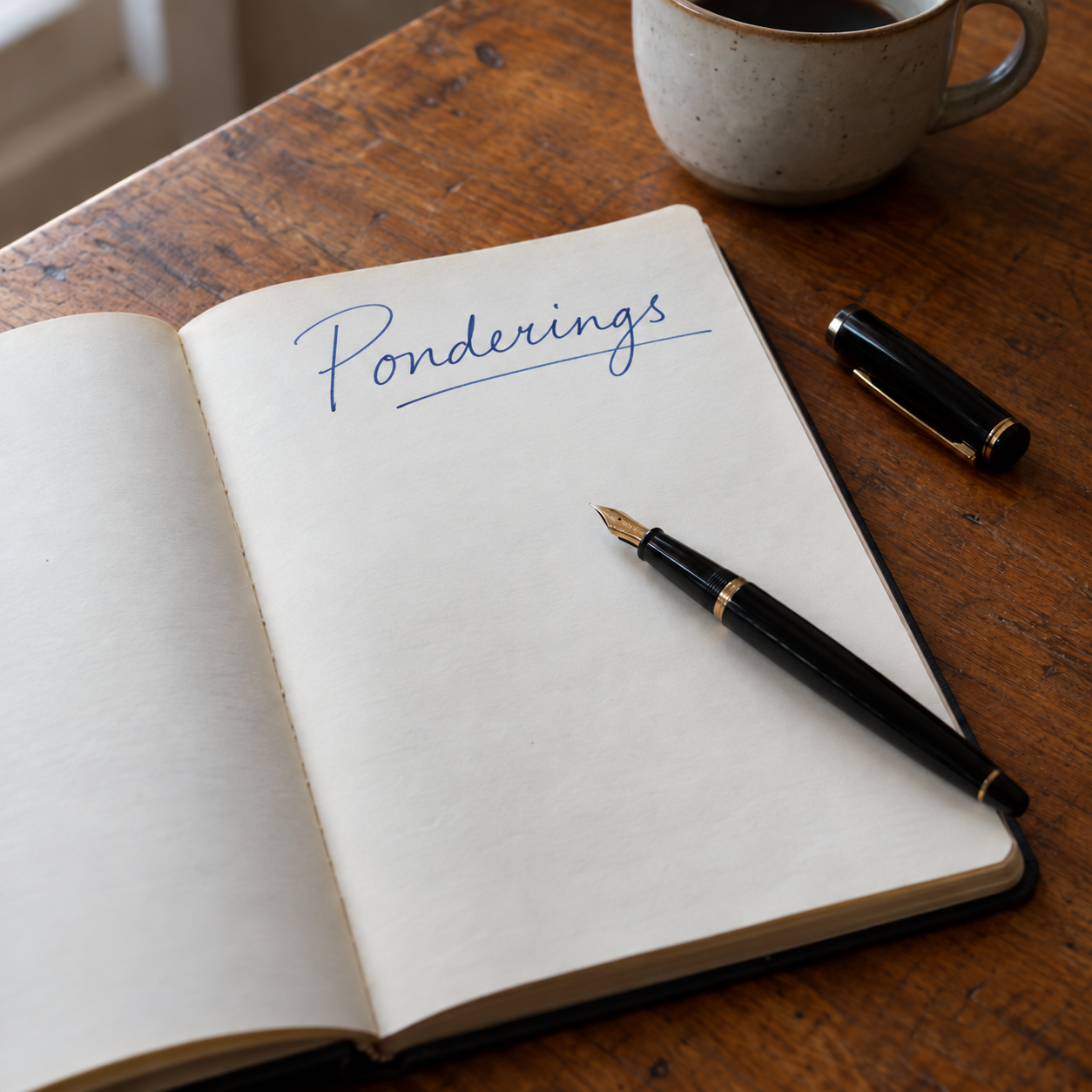 An open notebook titled Ponderings, a fountain pen, and coffee on a wooden desk.
