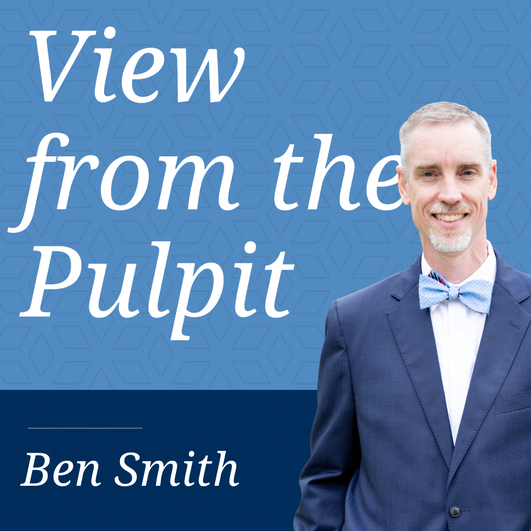 Cover image for the podcast 'View from the Pulpit' featuring Ben Smith. The background is blue with a subtle snowflake pattern. The text is white and says 'View from the Pulpit,' with 'Ben Smith' below. A man wearing a suit and bow tie is smiling on the right side of the image.