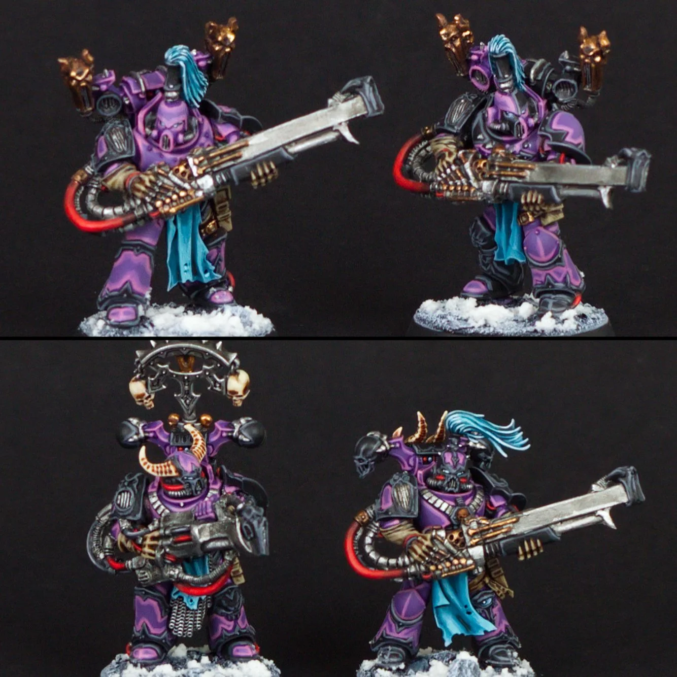 Four painted miniature figurines of chaos space marines from Warhammer 40,000, dressed in purple armor with black and gold details, each wielding a large gun, with a snow-like base.