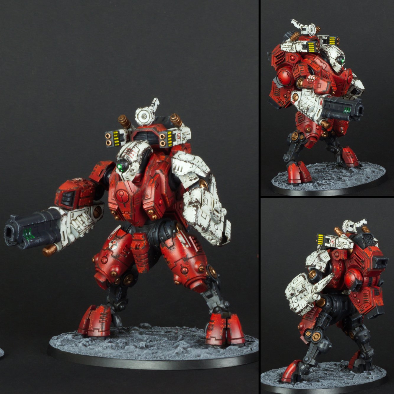 Model of a red and white futuristic robot with black and copper accents, posed on a textured gray base against a black background, viewed from multiple angles.