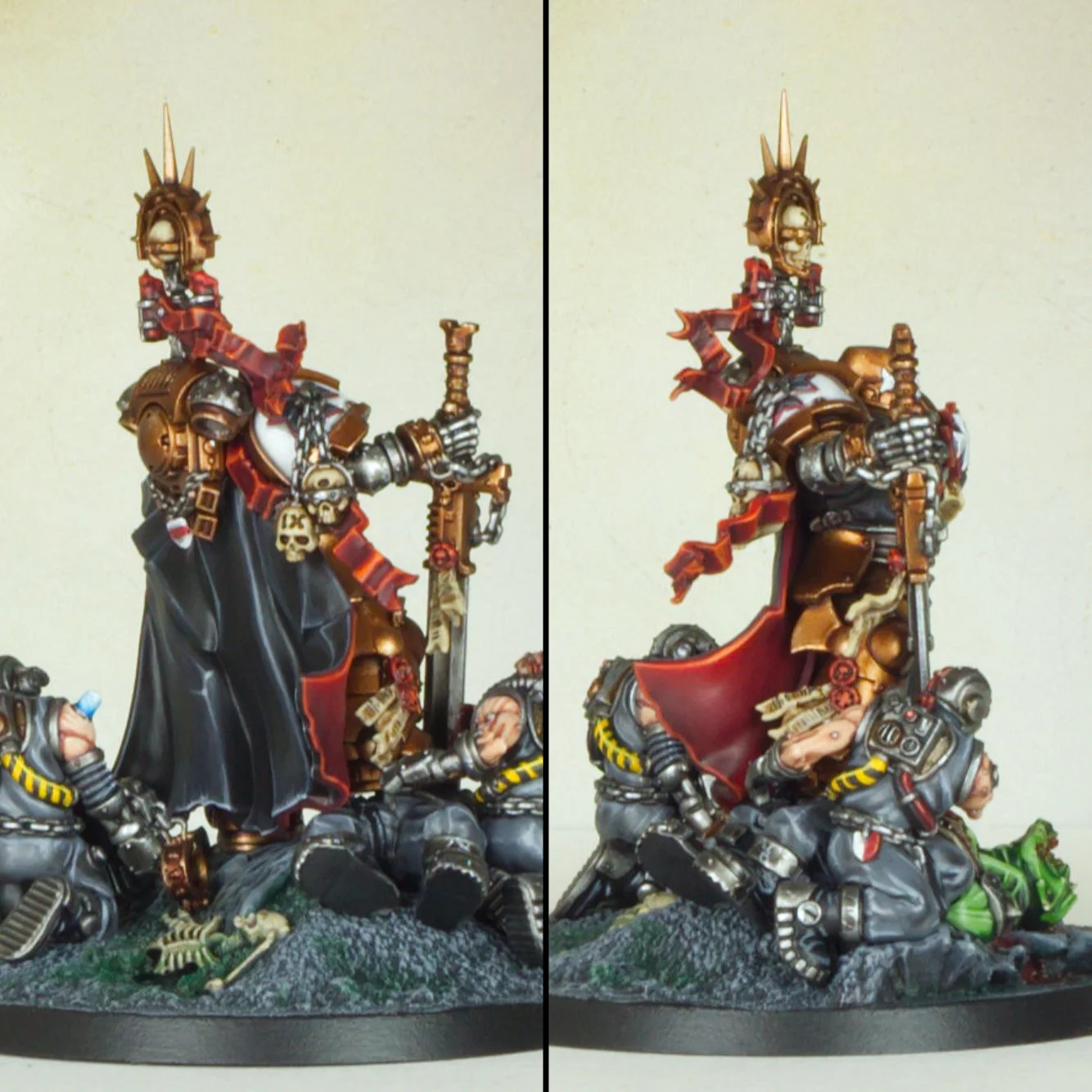 A detailed fantasy miniature sculpture of a warrior with gold and silver armor, a crown of spires, and a dark cape, standing atop defeated enemies, with bones and weapons in the base.