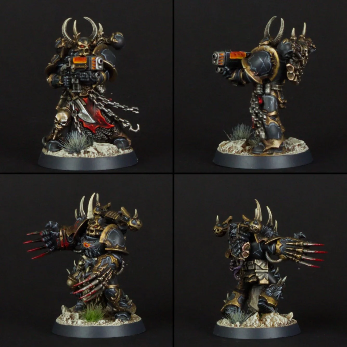 Four angles of a painted miniature figure of a demon-like warrior with horns, armor, claws, and weapons, standing on a round base with rocks and grass, against a black background.