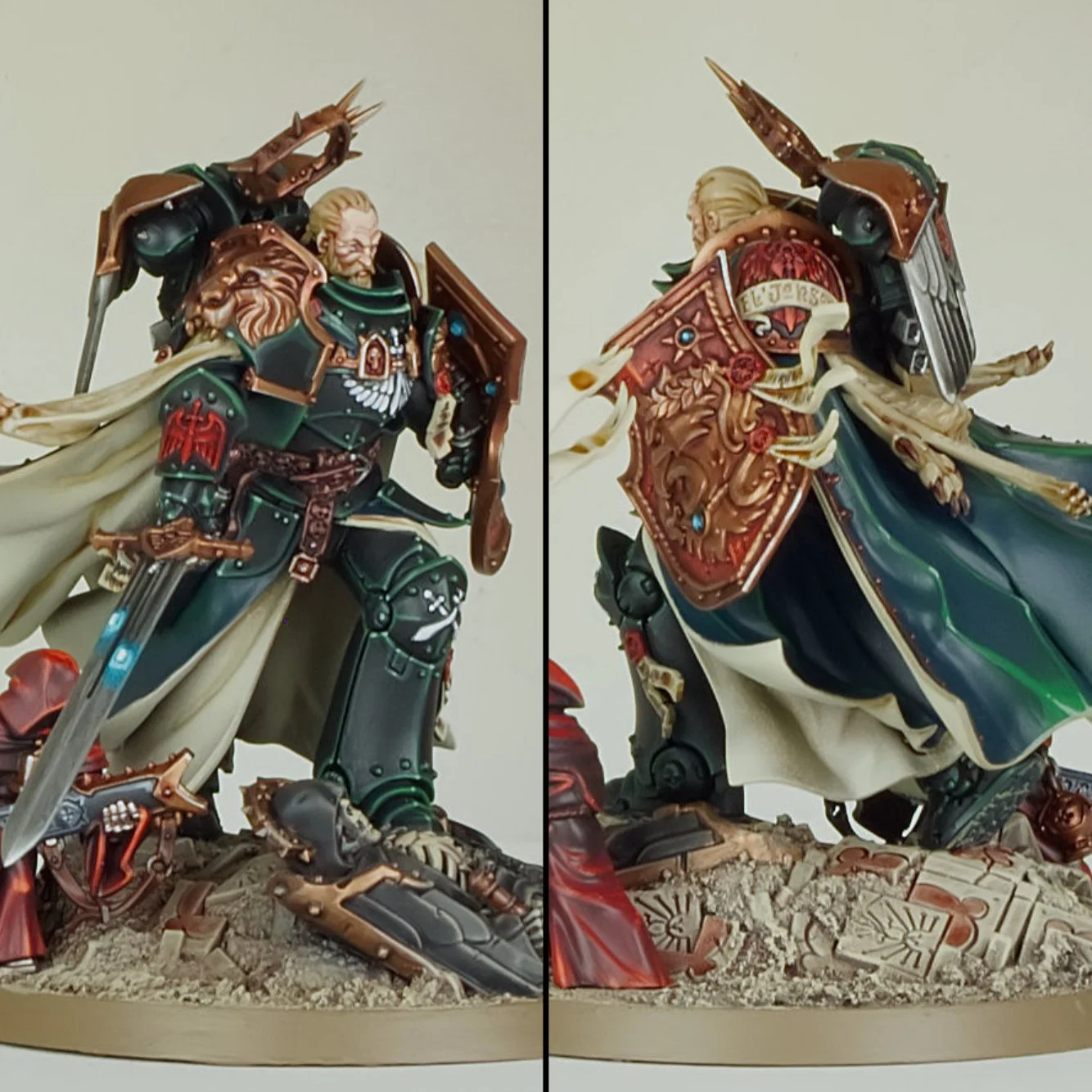 Detailed painted miniature figure of a fantasy armored knight with a shield, sword, and cloak, standing on a textured base with scattered debris and symbols.