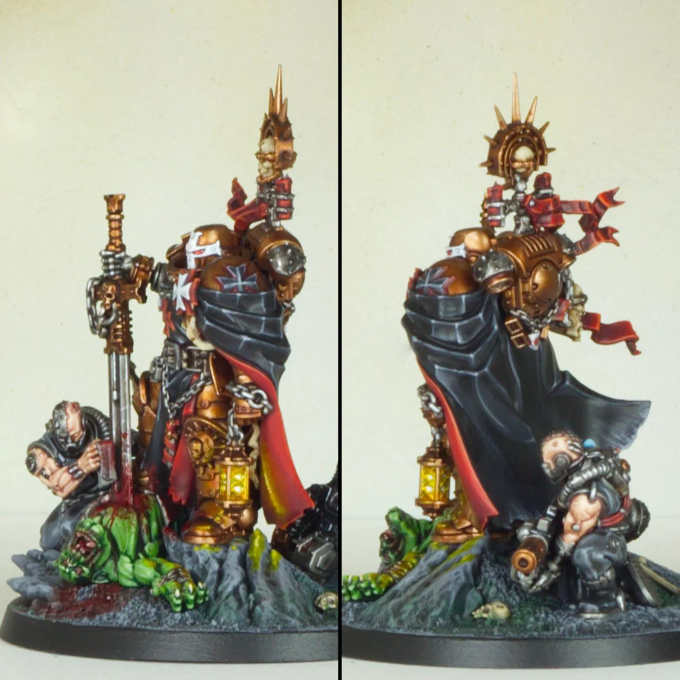 A detailed miniature figurine set featuring heavily armored warriors with a dark fantasy aesthetic. The central figure is a tall, armored warrior with a spiked helmet, long black cape, and a large sword, flanked by other armored warriors, some kneeli
