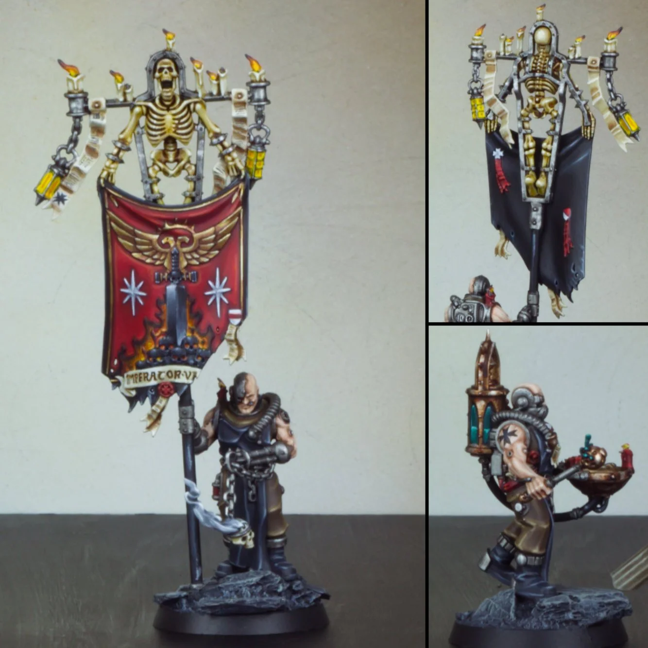 Three detailed miniature figures from a science fiction tabletop game, depicting a skeleton holding a banner, a bald muscular man with a weapon, and a mechanical arm holding a weapon, set against a plain background.
