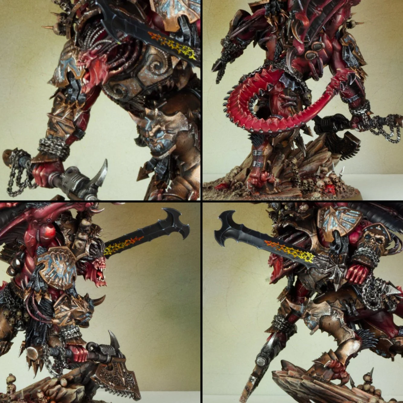 A detailed sculpture of a fantasy warrior with a mix of armor, chains, and weapons, standing on a base decorated with skulls and bones, holding a large, spiked sword.