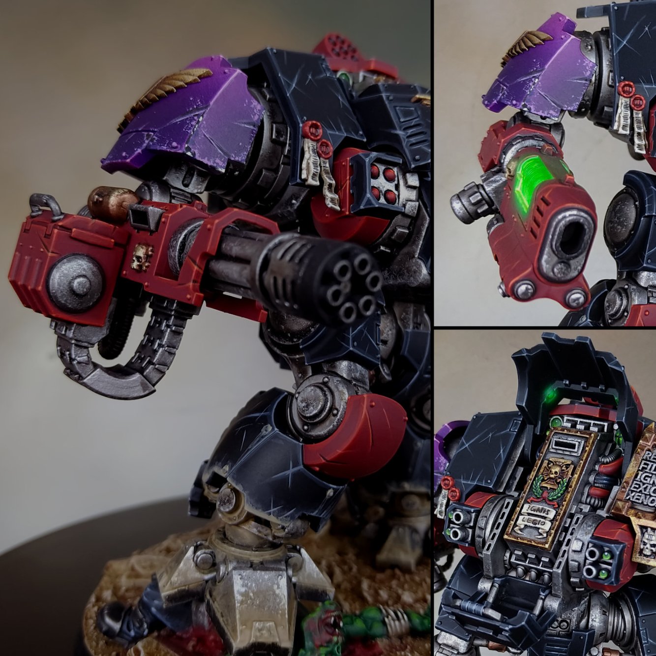 Close-up of a detailed miniature robot model with a multi-barreled gun, mainly black, red, and purple, mounted on a rocky base. Additional images show different angles of the robot's arm with a green-lit weapon and an open panel revealing internal wi