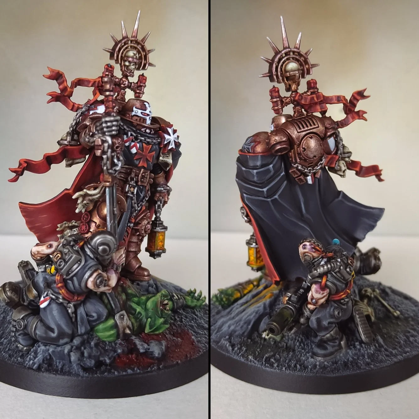 Detailed miniature figure of a heavily armored warrior with a skull helmet, red and black armor, standing on a textured base with skulls, chains, and green accents, holding a sword in one hand and a lantern in the other. The figure has a large cape a