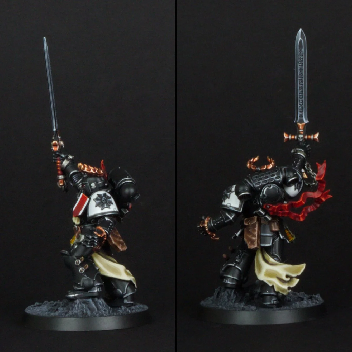 Miniature figurine of a heavily armored warrior holding a large sword with a flaming red aura, set against a black background.