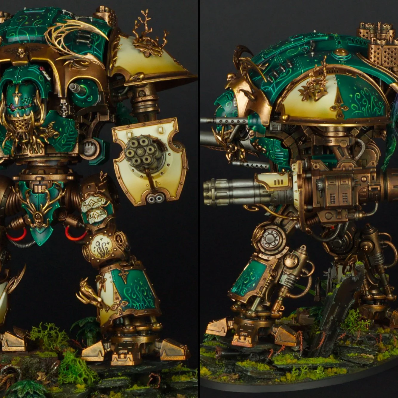 A detailed miniature model of a futuristic robot war machine with ornate green and gold armor, intricate mechanical details, and decorative elements, standing on a surface with moss and small plants.
