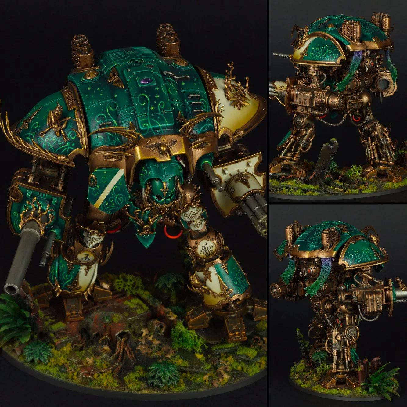Detailed model of a Warhammer 40K Ork Gorkanaut, painted in green and gold with intricate patterns, displayed on a decorated base.