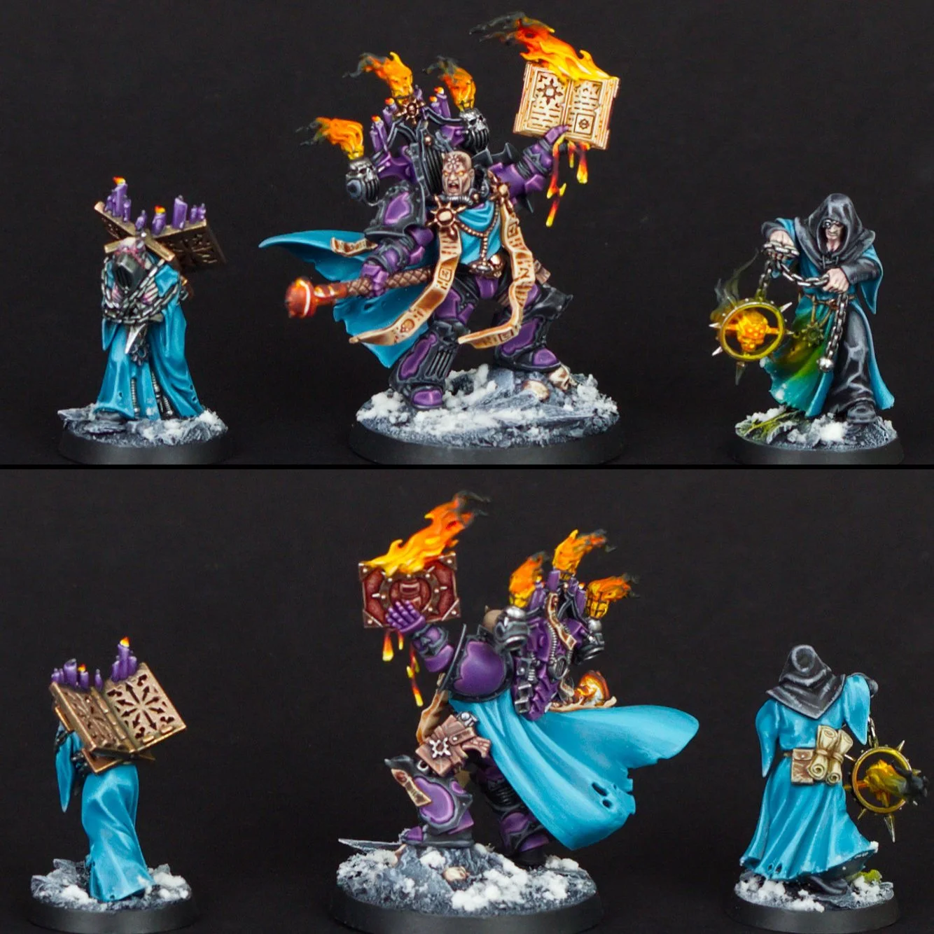 Collection of fantasy miniatures painted with vibrant colors. The figures depict characters in robes with magical and arcane symbols, holding books, staffs, and magical effects, set against a black background.