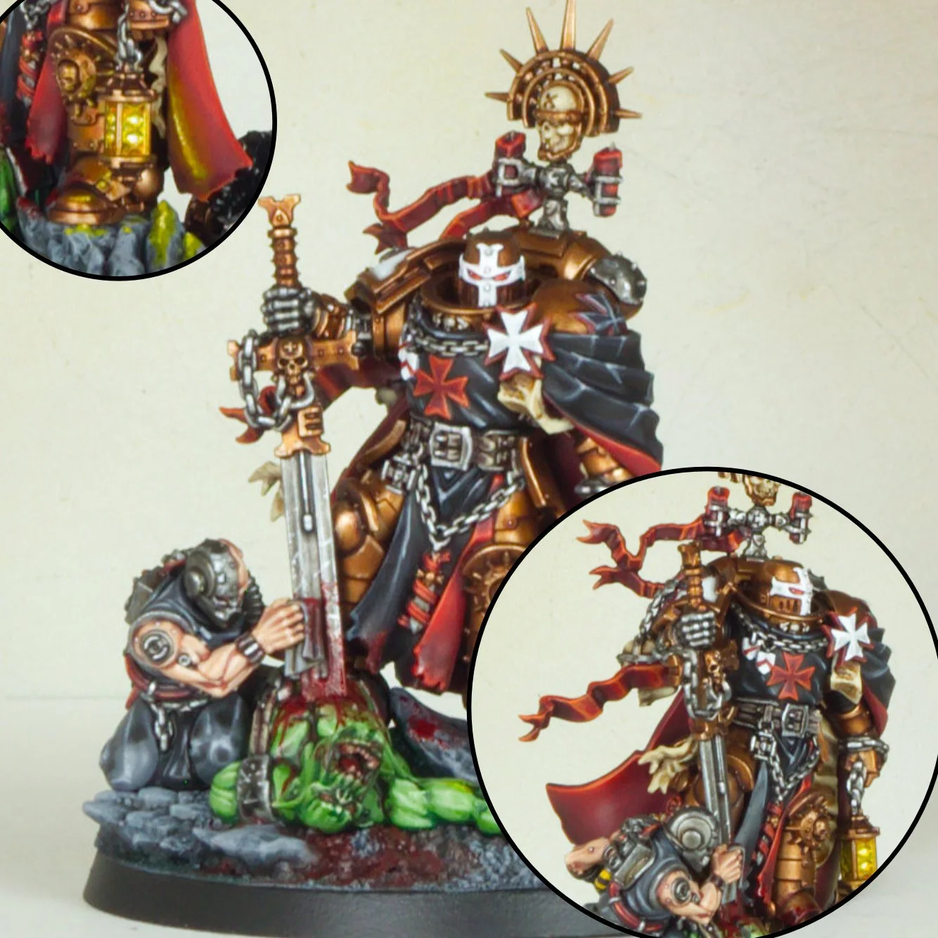 A detailed miniature figurine of a warrior in black and gold armor, with a skull helmet and a large sword. The figurine features black robes with red and white cross symbols, chains, and skull motifs. A smaller figure stands before him, holding a swo