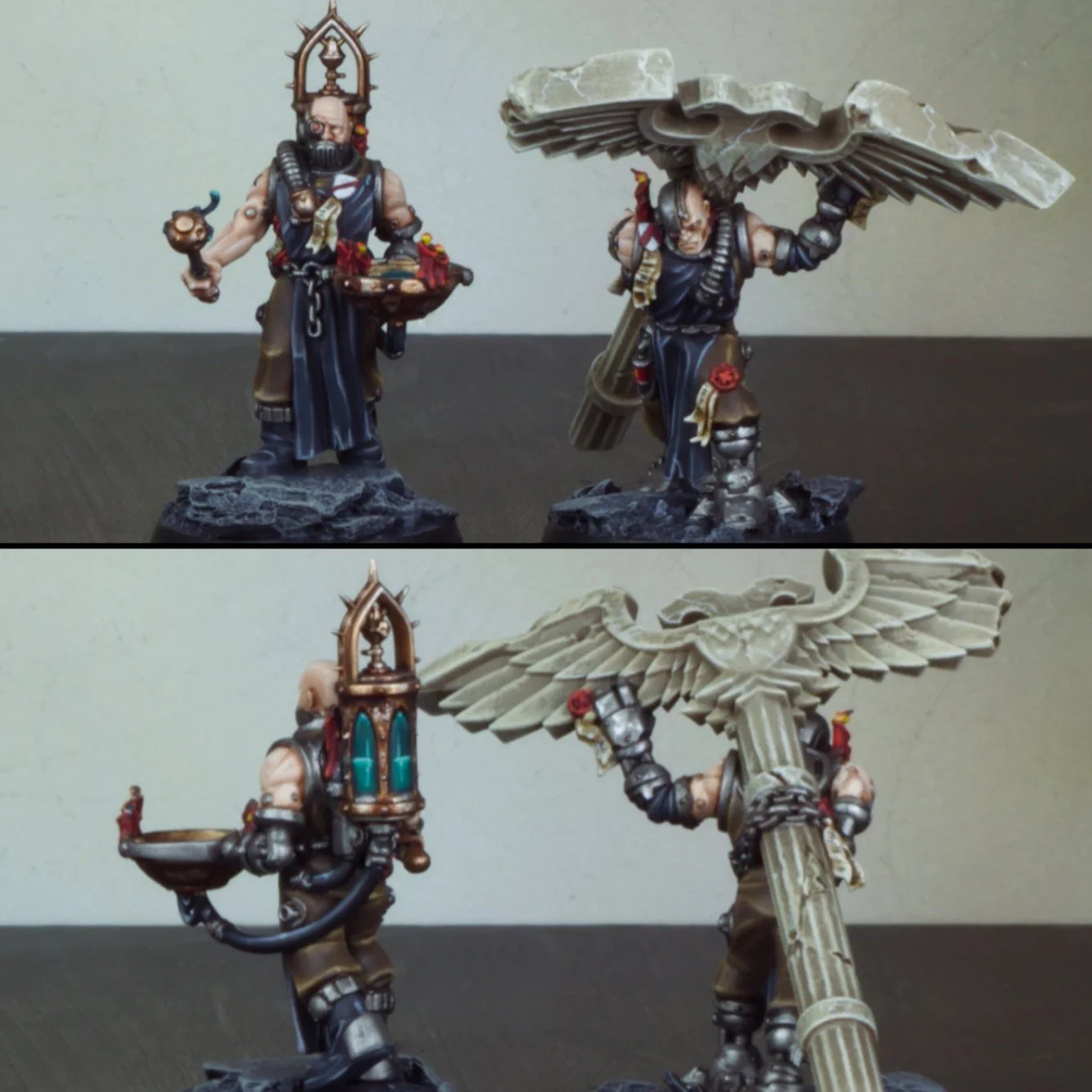 Two detailed miniature figurines of clerics with religious and mythic themes, one holding a bowl and the other supporting a large winged stone column, set on rocky bases.