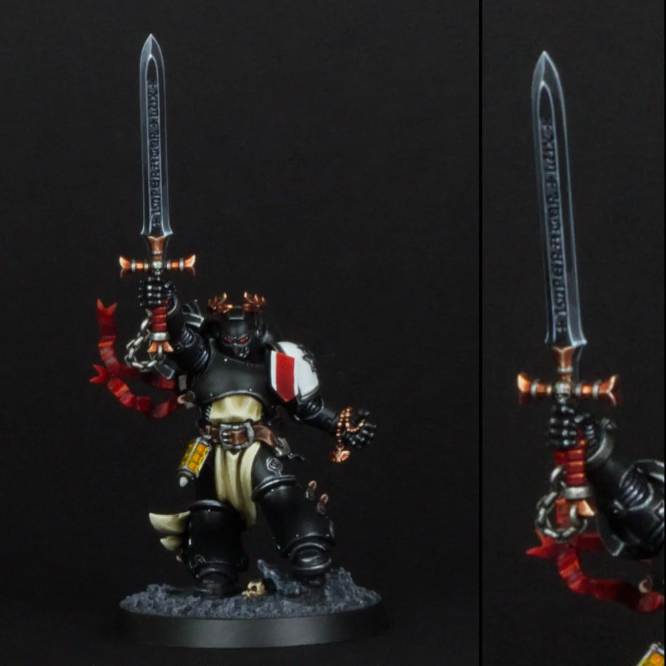 A black armored miniature figure holding a large sword against a dark background.
