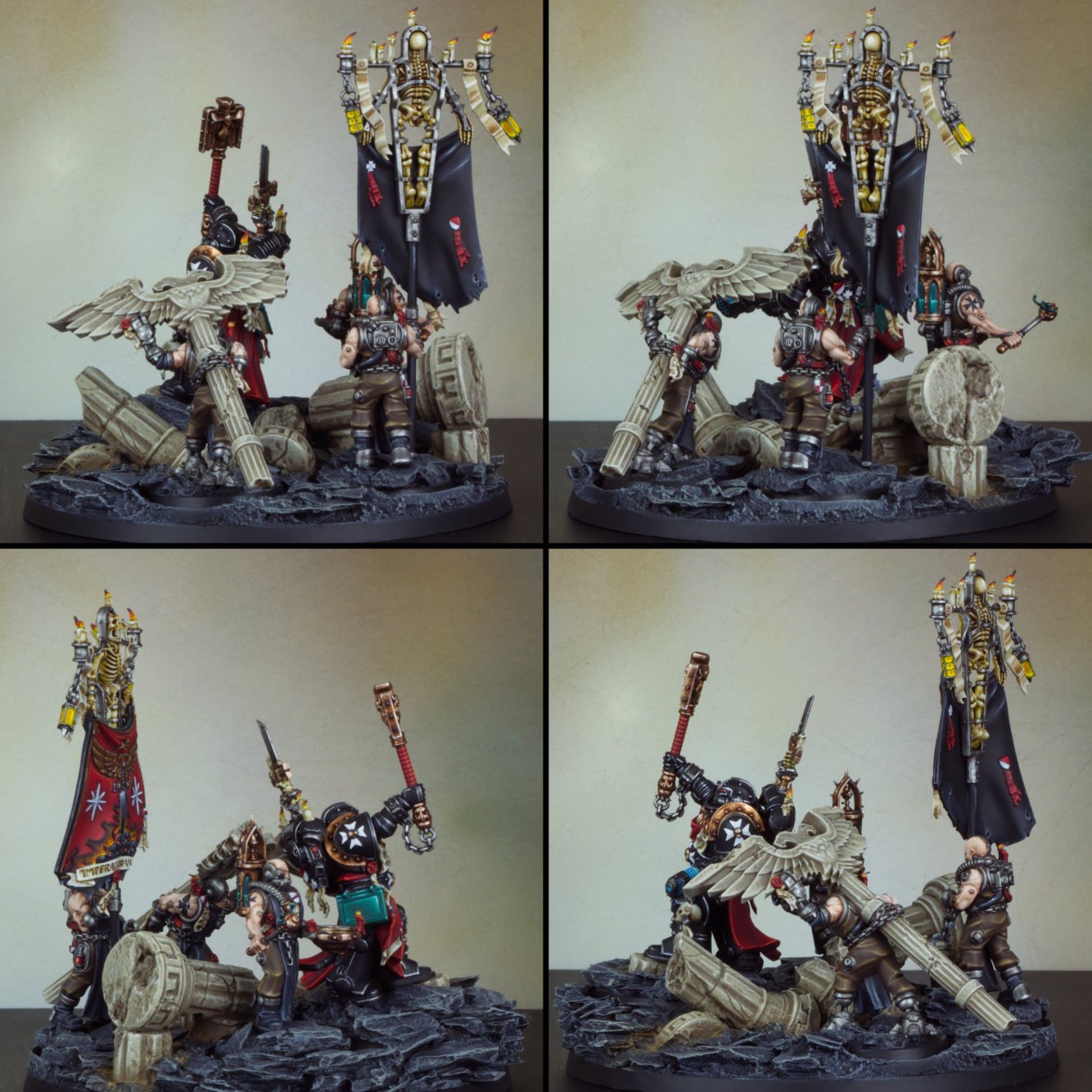A detailed miniature model of a fantasy warrior scene with armored figures, flags, and ruins on a rocky base, viewed from various angles.