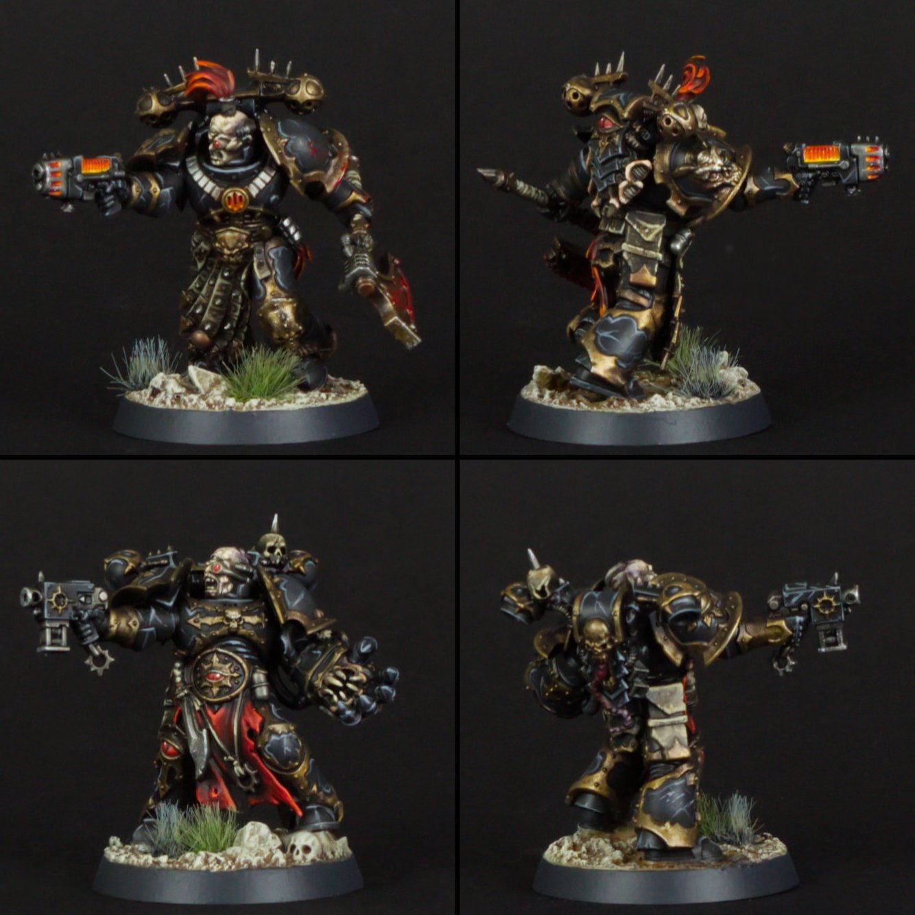 Four detailed miniature figures of armored warriors with skull motifs, wielding guns, painted in black, gold, and red, on rocky bases with grass and skull decorations, photographed against a black background.