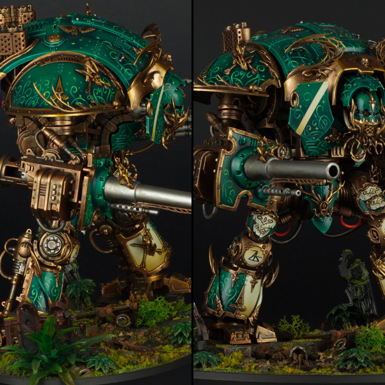 A detailed miniature of a futuristic, ornate armored robot with green and gold accents, standing amidst lush plants and debris.