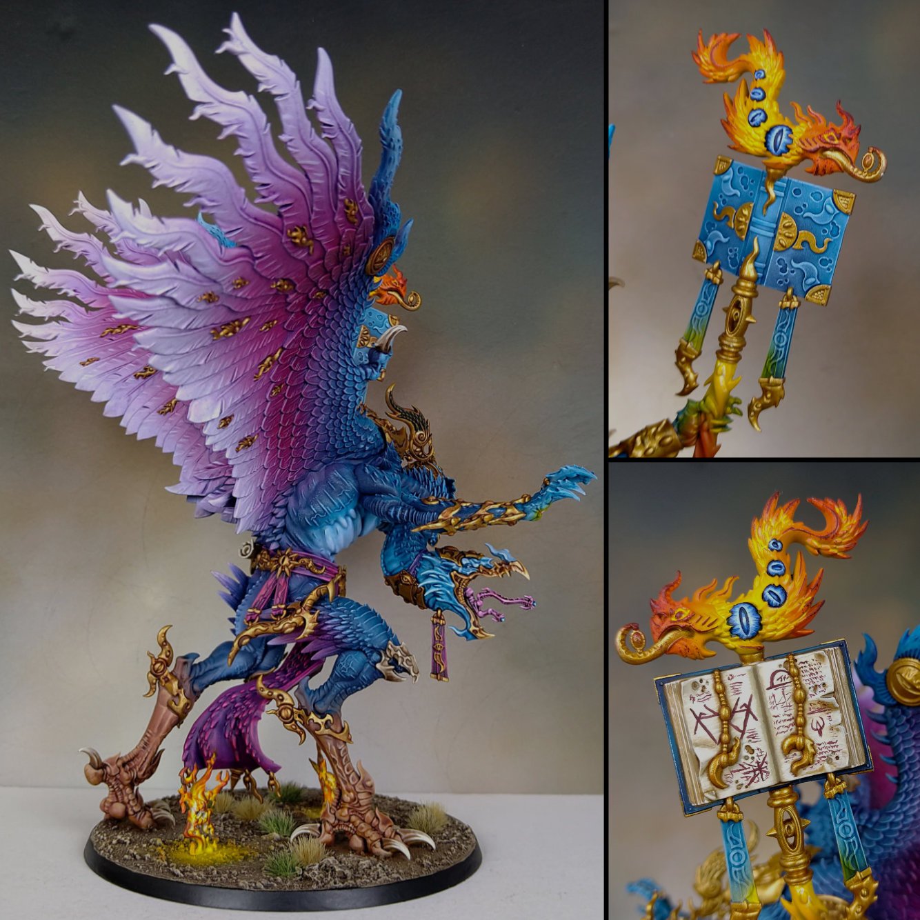 Colorful fantasy miniature figure of a bird-headed creature with large purple and pink feathered wings, standing on a detailed base with rocks and grass. Includes close-up shots of a Staff with blue and gold decorations topped with orange and yellow 