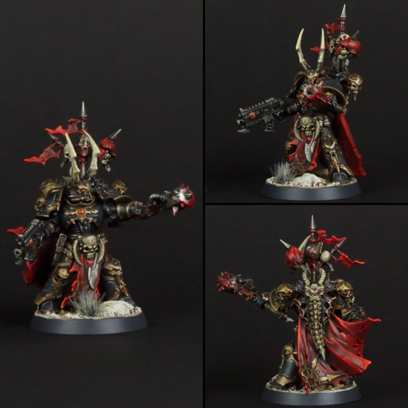 Side and front views of a painted miniature model of a fantasy warrior, clad in black and gold armor with skull motifs, wielding a large gun, with detailed skulls, red accents, and a red cape, standing on a rocky base with grass.