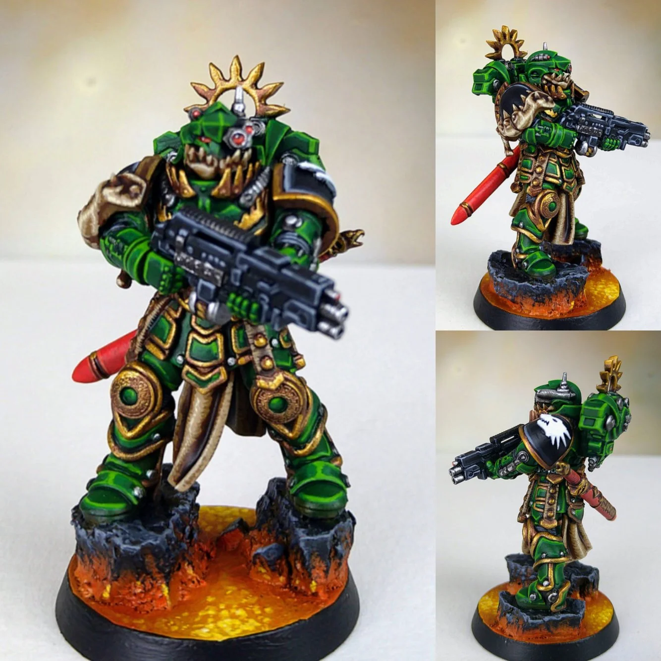 Painted miniature figure of a green-armored humanoid creature with a dragon-like face, holding a gun, wearing ornate armor with gold accents, a loincloth, a spiked crown, and carrying a red baton on its back, standing on a textured base resembling vo