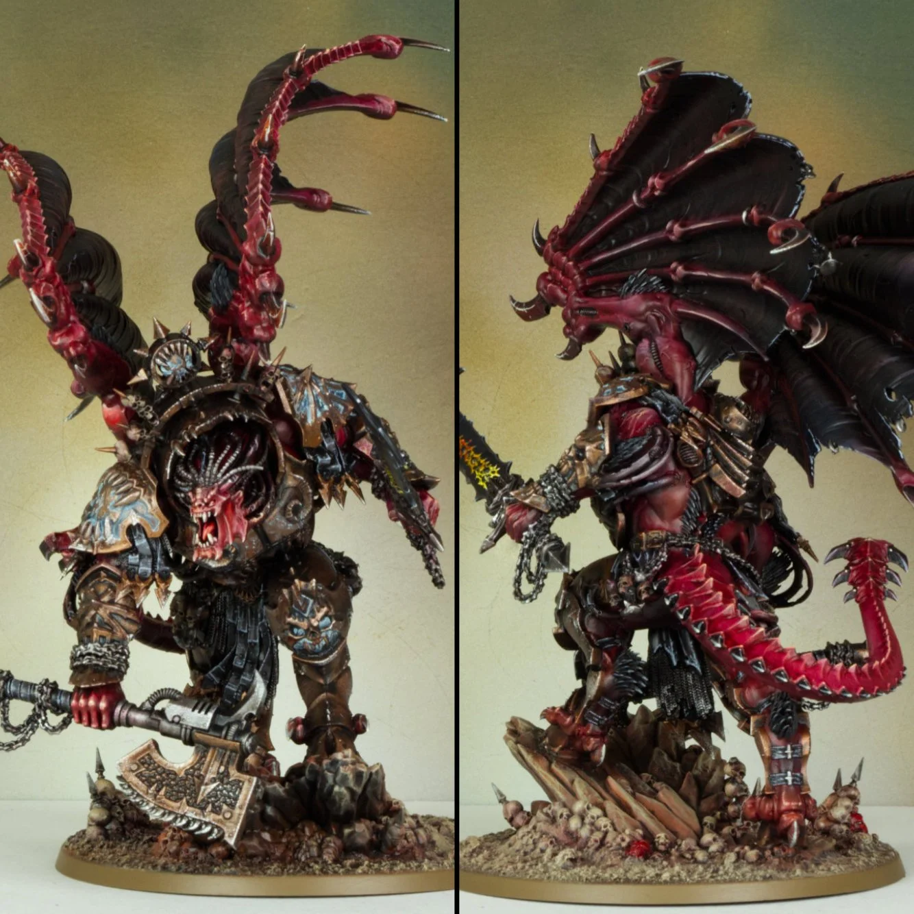 Detailed fantasy warrior figurine with demon-like features, horns, armor, and weapons, posed on a rocky base. Front and side views.