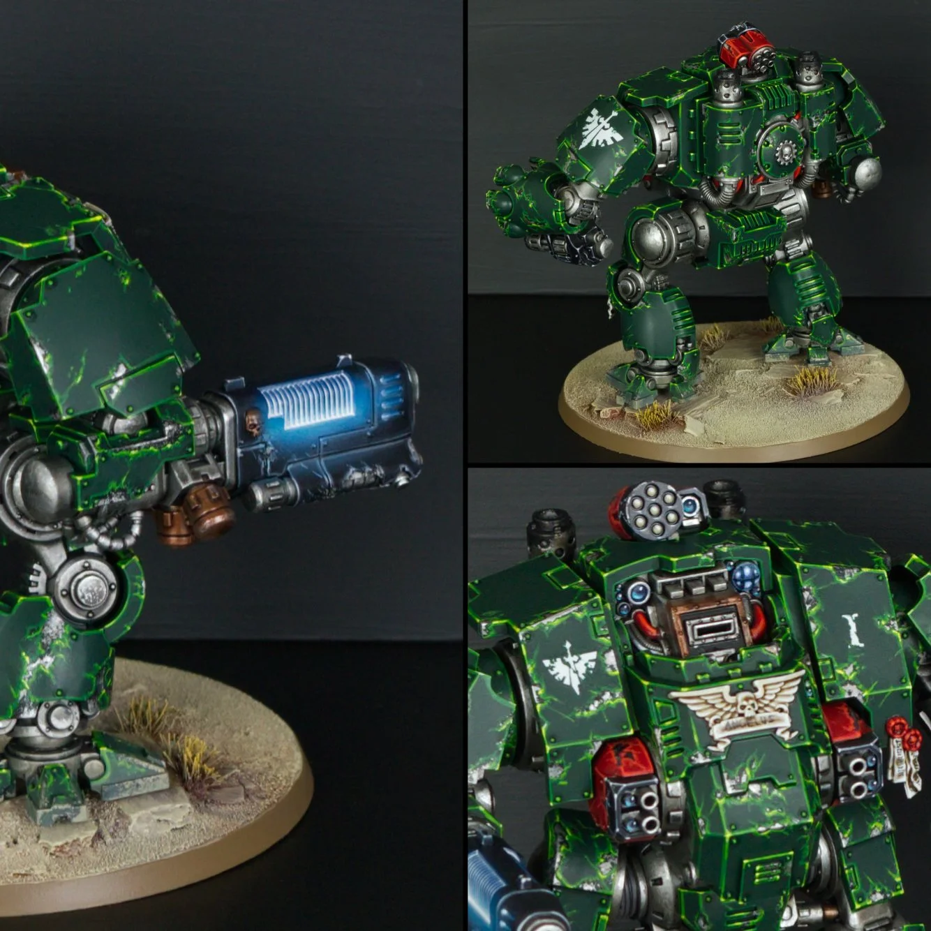 Close-up of a detailed green and black Warhammer 40k Imperial Space Marines Dreadnought miniature with a weapon, displayed on a figurine base with terrain. The model has weathered paint effects, symbols, and accents in red, silver, and gold.