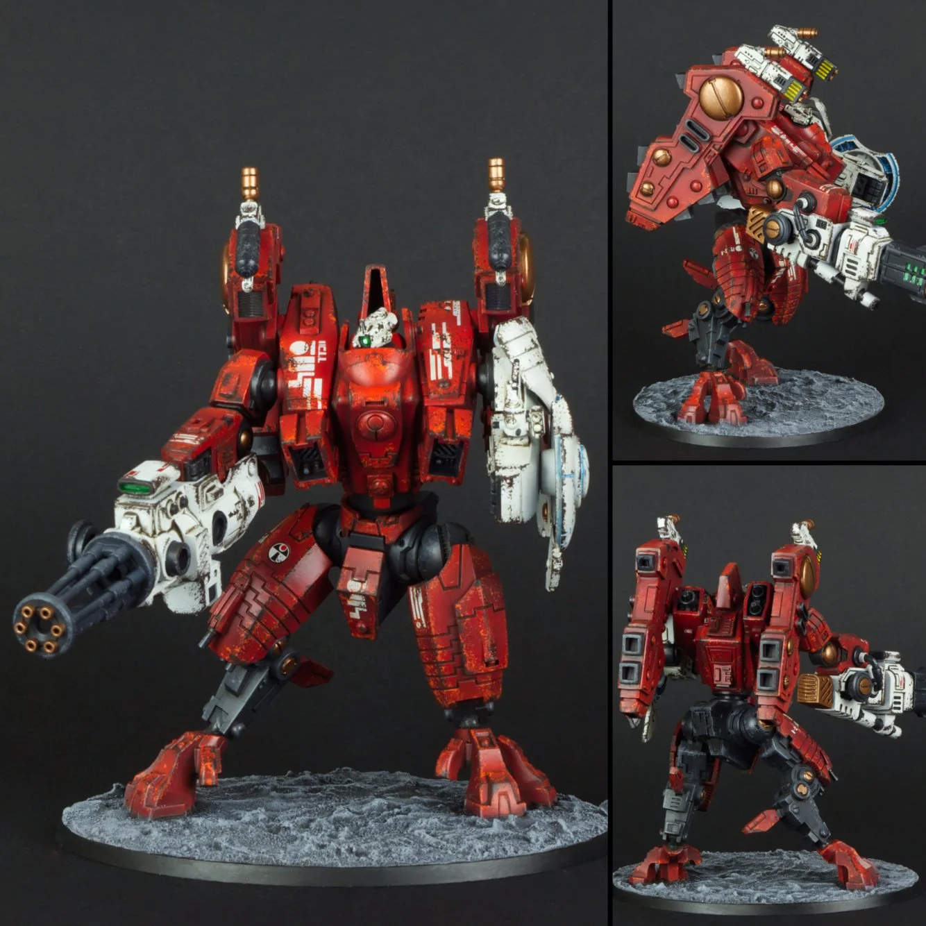 Detailed model of a red and white mech robot with armor, weapons, and weathering effects, displayed on a textured circular base.