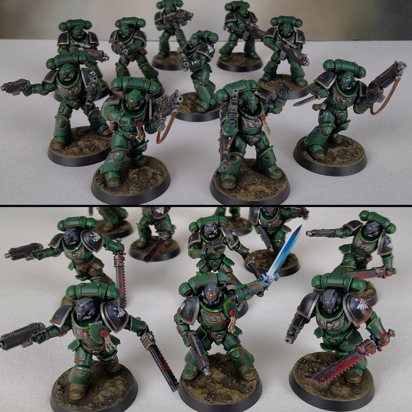 Miniature figures of sci-fi soldiers painted green, with black armor and metallic details, poses indicating combat readiness, some armed with guns and swords, set on textured bases, arranged in formation.
