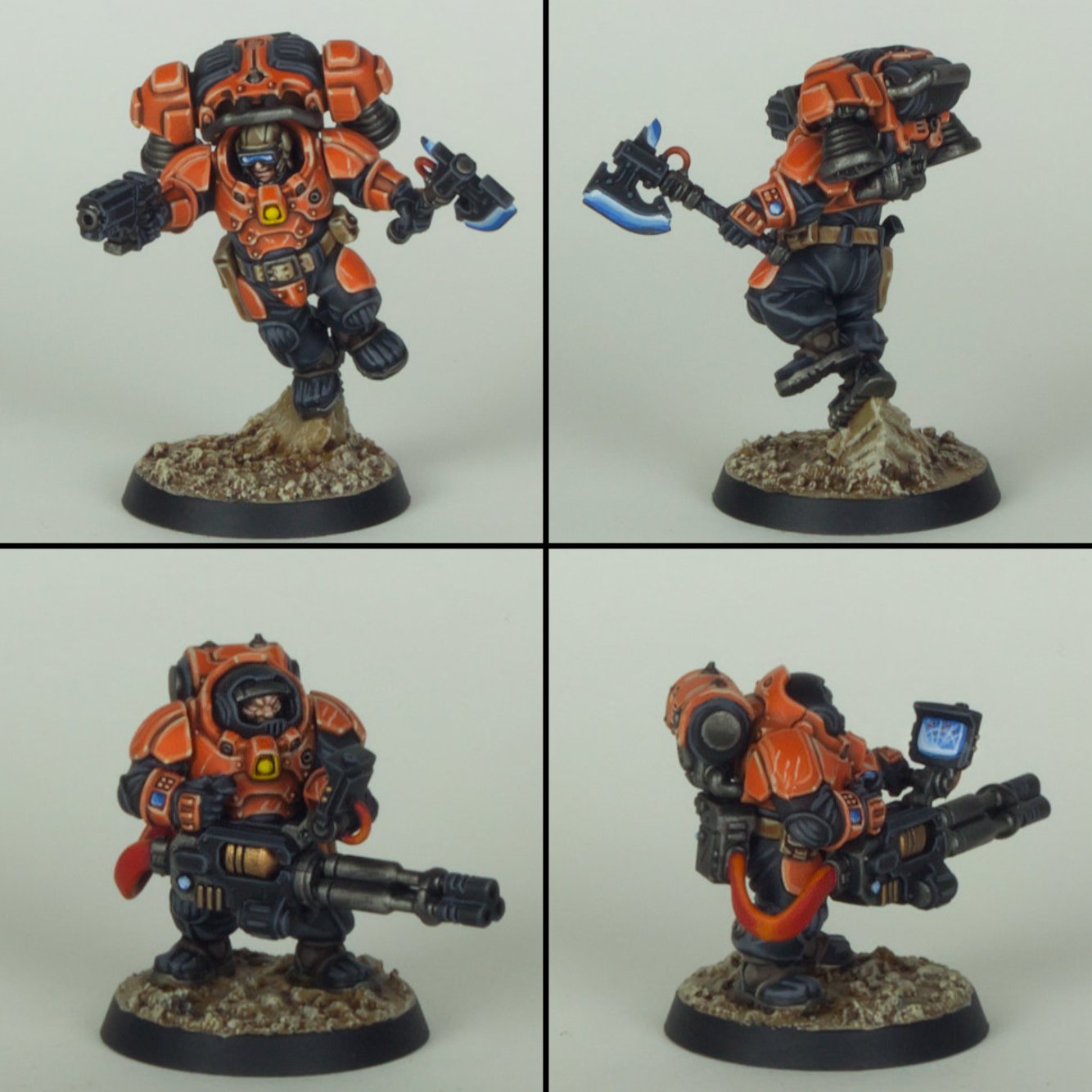 Painted miniature figure of a futuristic soldier in orange armor, holding a gun and axe, standing on a textured base, shown from four different angles.