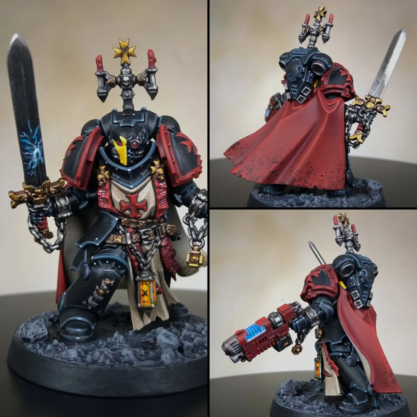 A detailed painted miniature figurine of a sci-fi medieval knight with black armor, red and gold accents, and a red cape. The figure holds a sword with a blue lightning design and is equipped with weapons and chains, standing on a textured base.