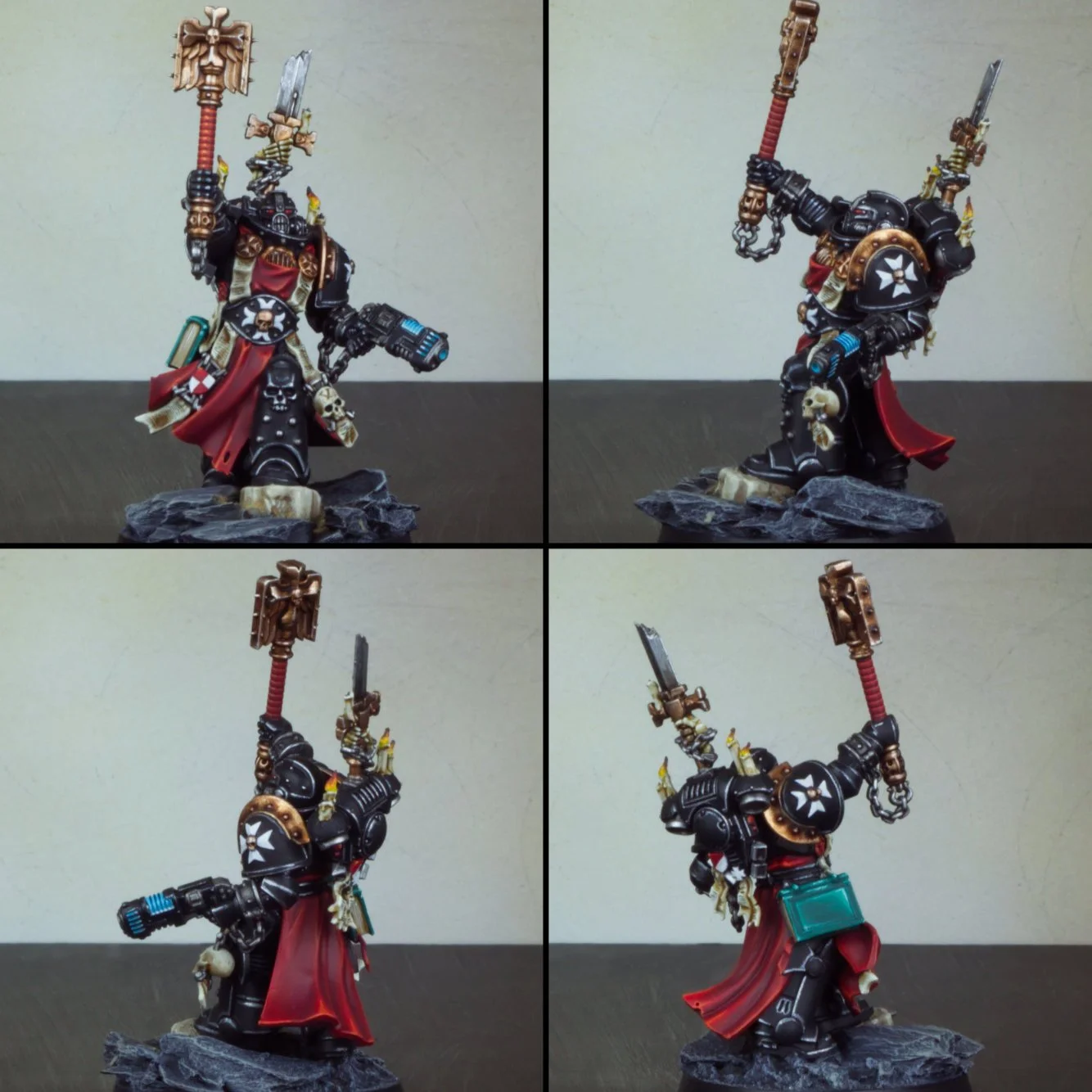 A multi-angle view of a miniature figurine of a heavily armored sci-fi warrior holding a large hammer in one hand and a sword in the other, standing on a rocky base.