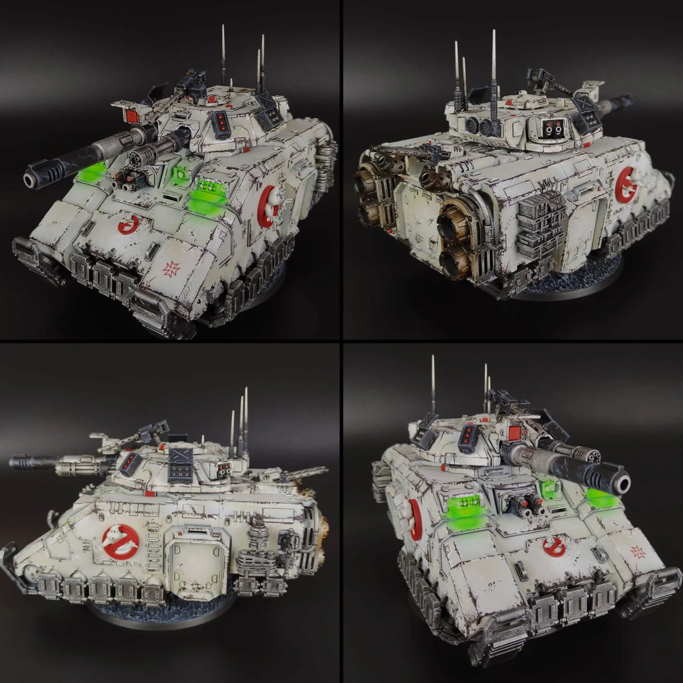 Model of a futuristic military tank with weathered white paint, black and red markings, glowing green lights, and detailed weaponry and antennas, shown from multiple angles against a black background.