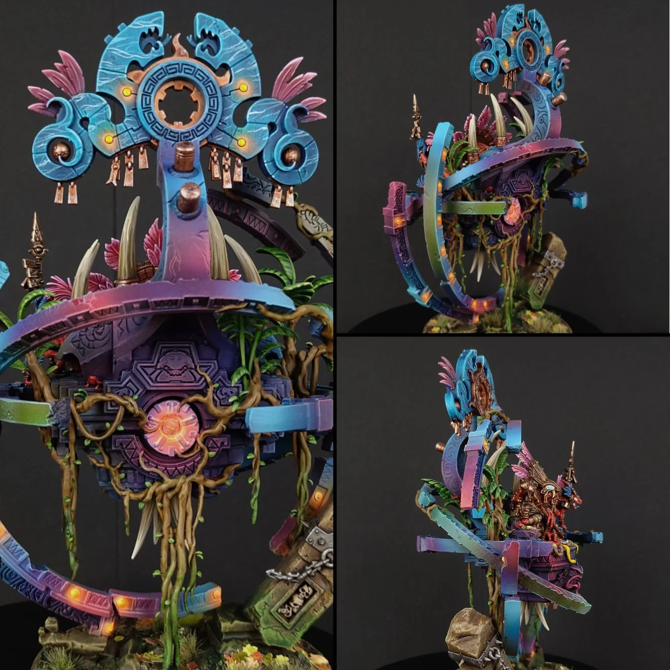 Colorful fantasy miniature sculpture of an ornate structure with ancient and mystical design elements, featuring blue, purple, pink, and green colors, vines, plants, and metallic accents.