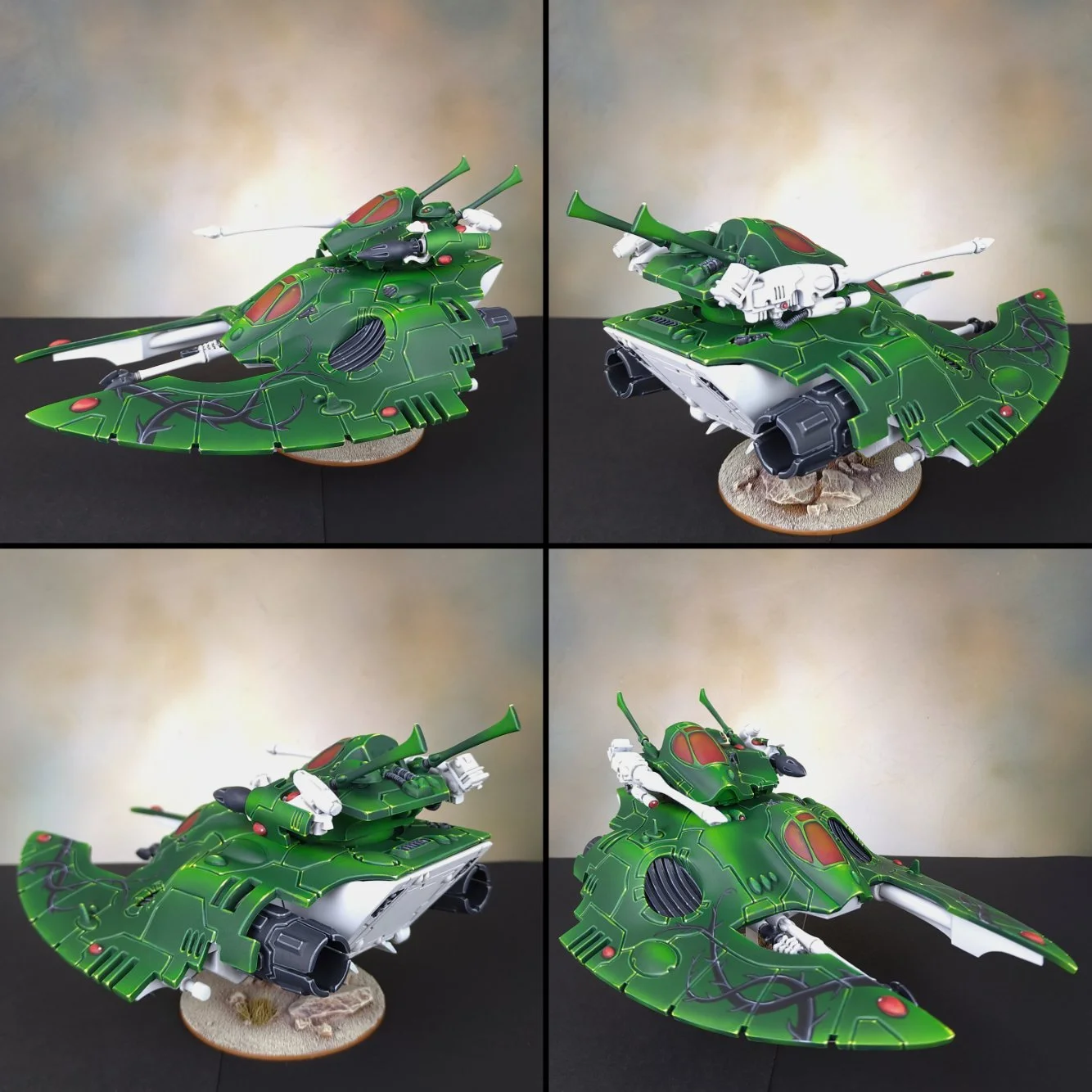A detailed green futuristic spaceship model with black and white accents, viewed from four angles on a sandy textured base against a beige background.