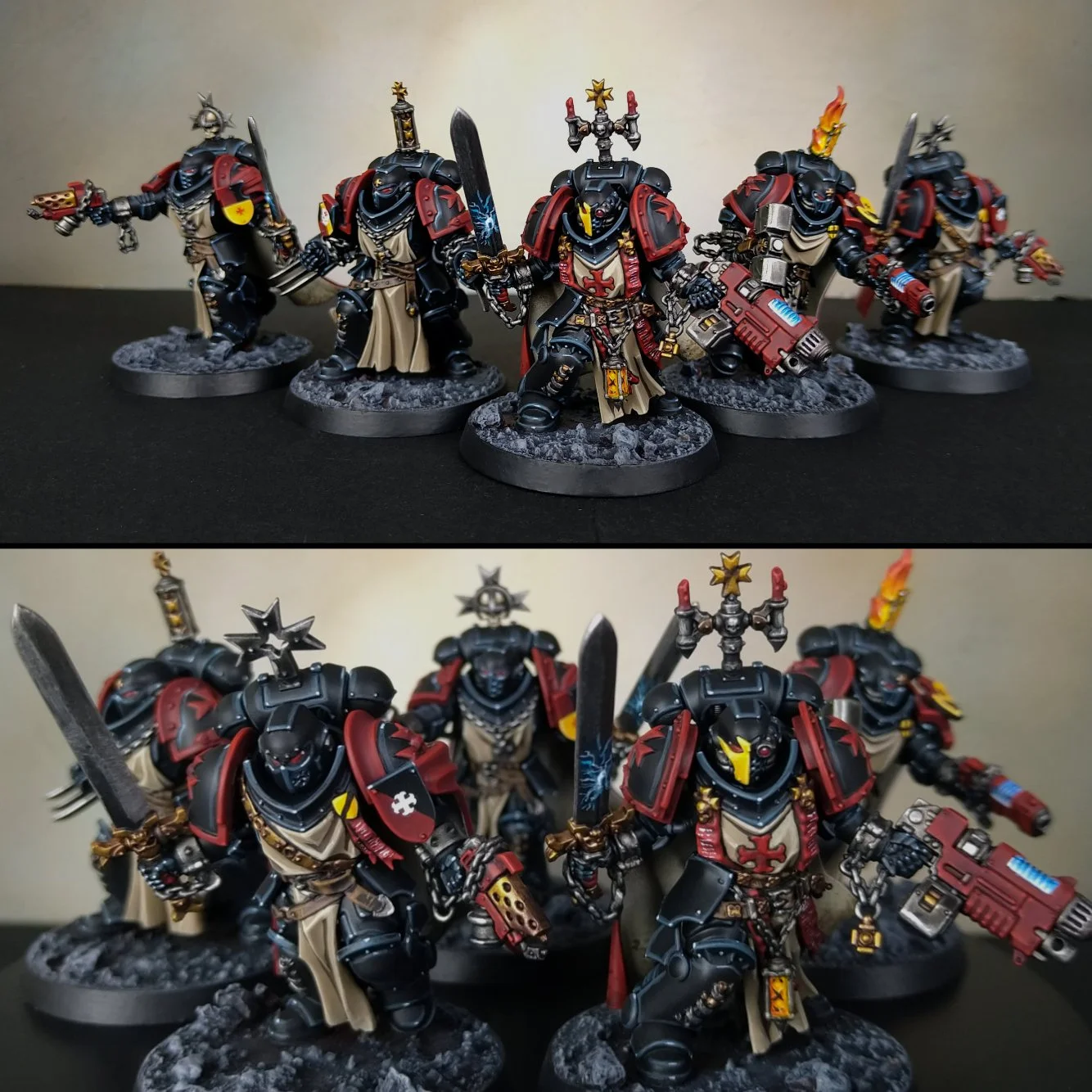 Set of six painted tabletop miniatures of armored warriors in black and red armor, each wielding different weapons like swords, guns, or chains, standing on textured bases.
