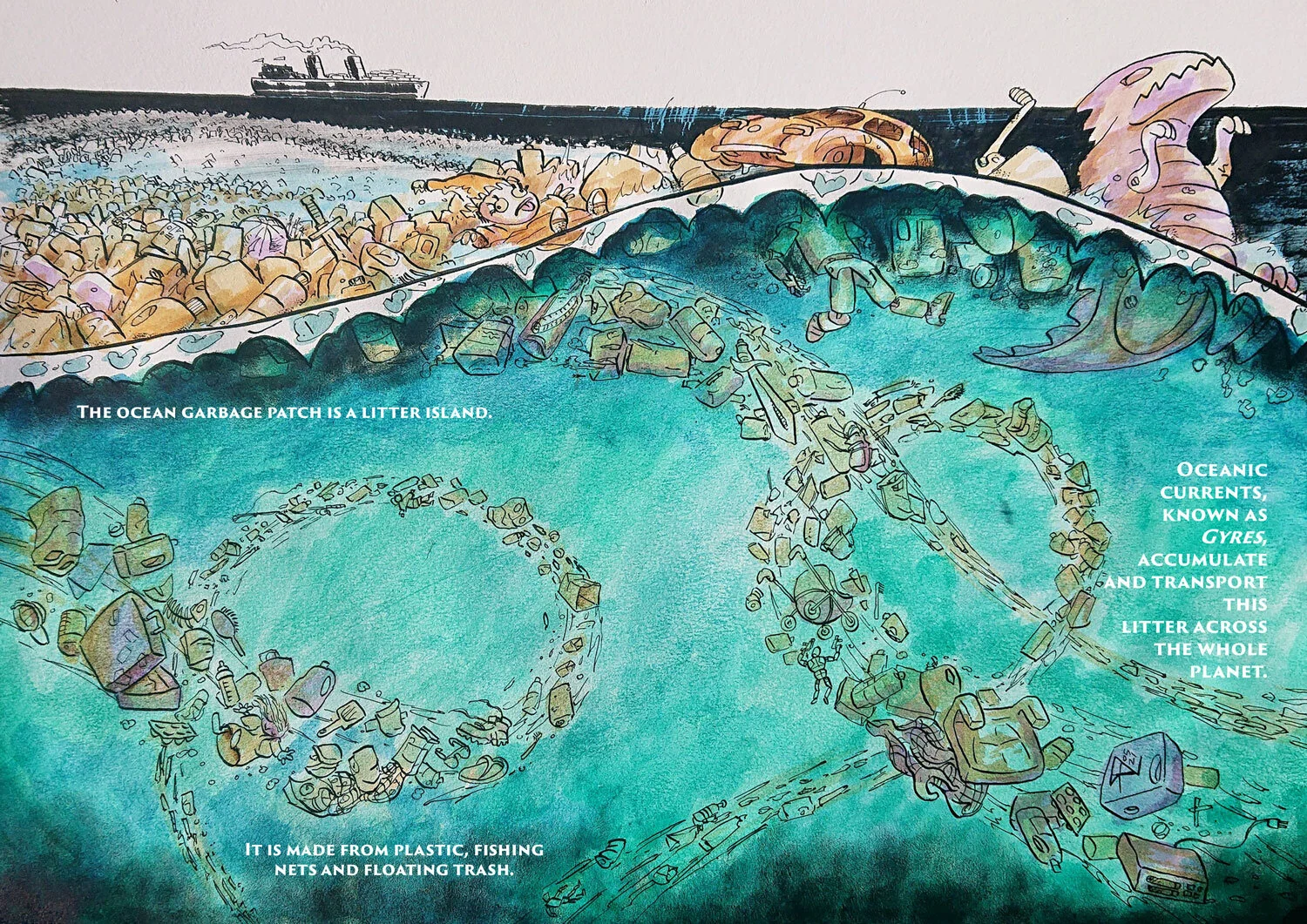 Editorial piece oriented at young children, about plastic pollution and Oceanic Garbage patches. University project