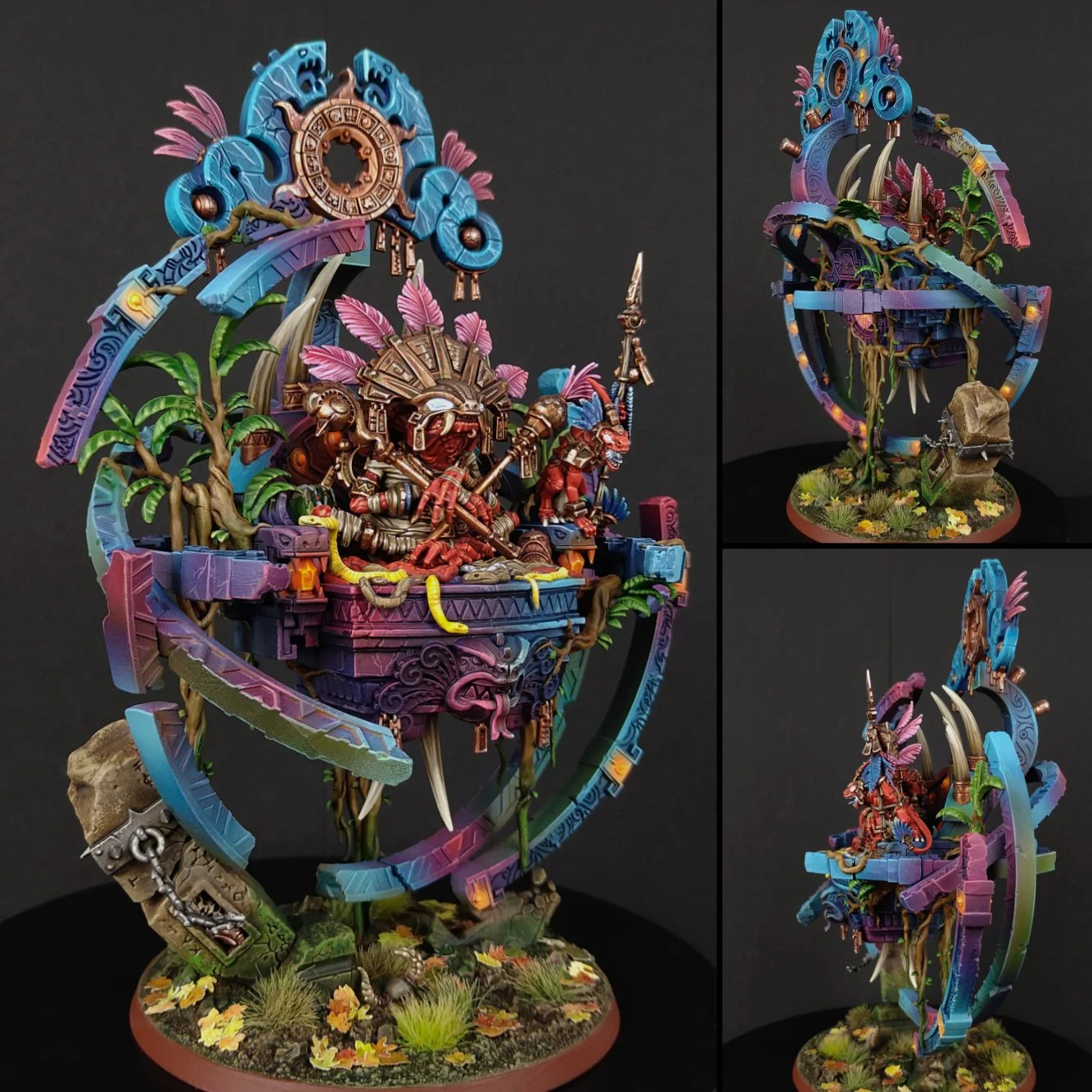 Colorful miniature diorama featuring a tribal shaman seated on a throne, with detailed decorations, plants, and mystical symbols, set on a textured base with grass and yellow flowers.