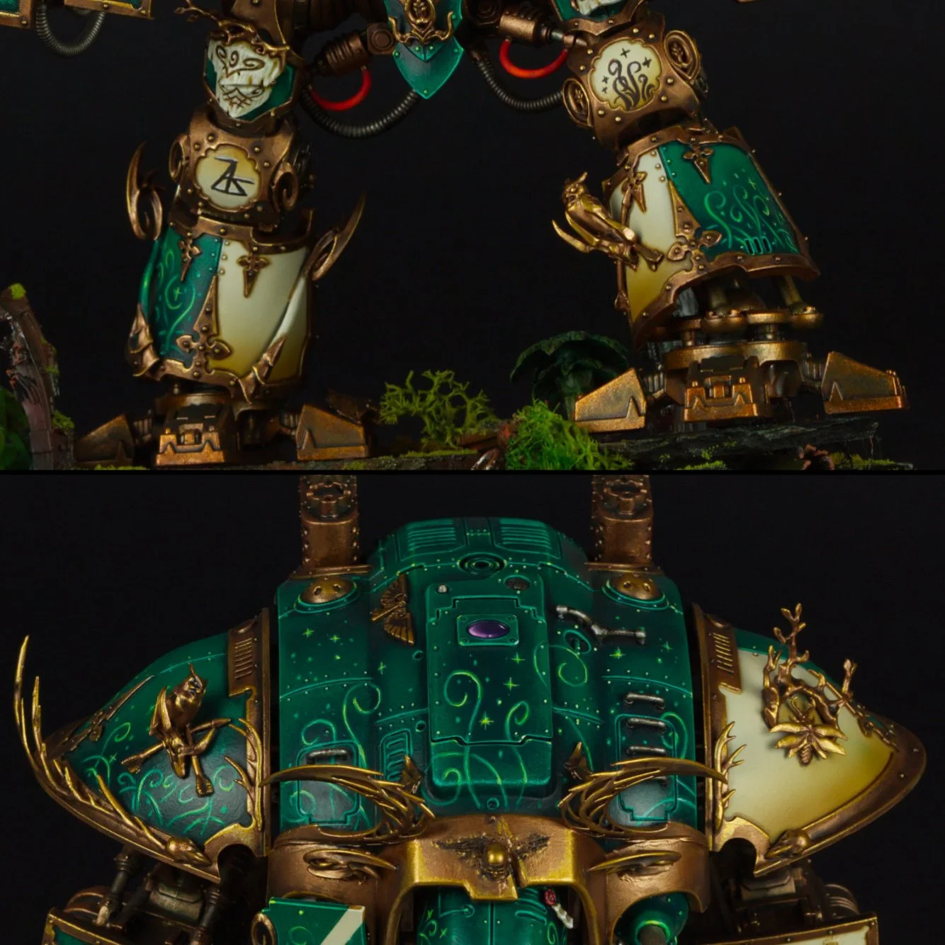 A detailed model of a giant robot with ornate green, white, and gold armor, featuring various symbols and decorative elements, set against a black background. The robot's upper body, including its head and arms, is shown with intricate designs and gl