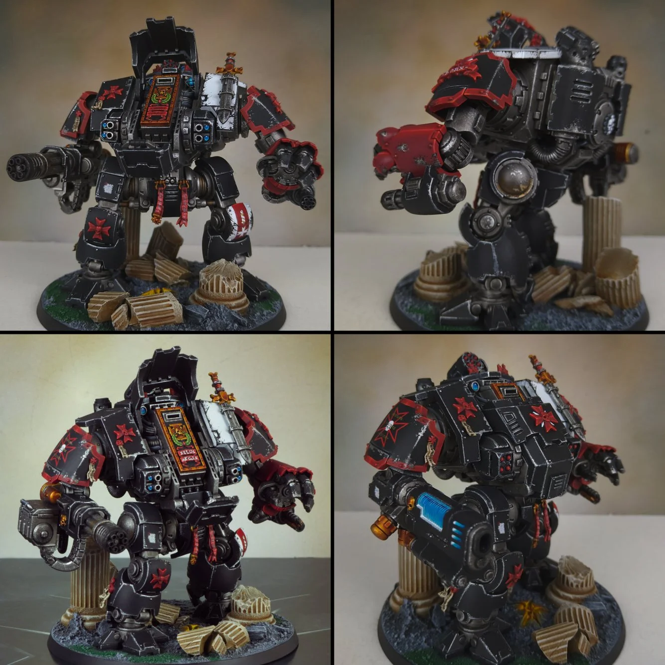 A four-panel collage featuring a detailed model of a Warhammer 40k Space Marine robot, painted black with red and white accents and symbols. The model is posed on a decorated base with miniature ruins and debris.