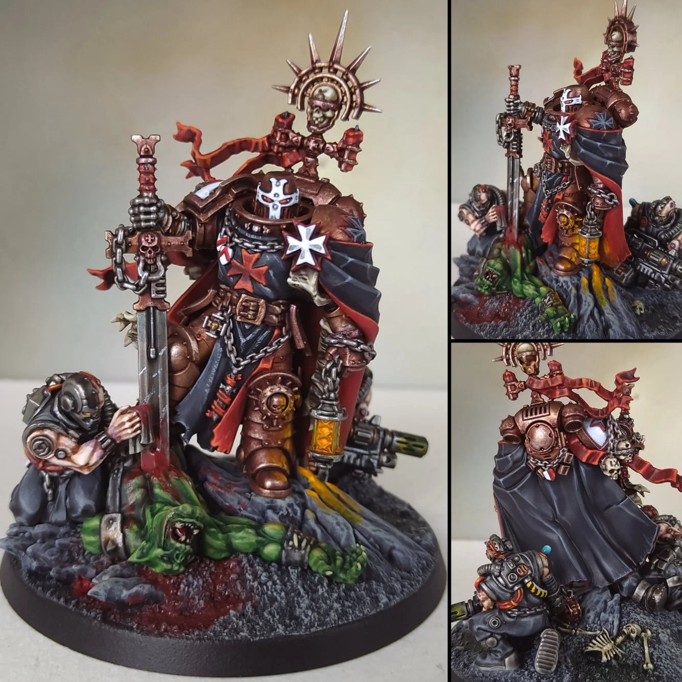 A detailed painted miniature figurine of a warrior in dark armor with chains, skull motifs, and a skull helmet, holding a large sword, with a staff topped by a skull, standing on a rocky base with green slime and bones. Additional smaller figures and