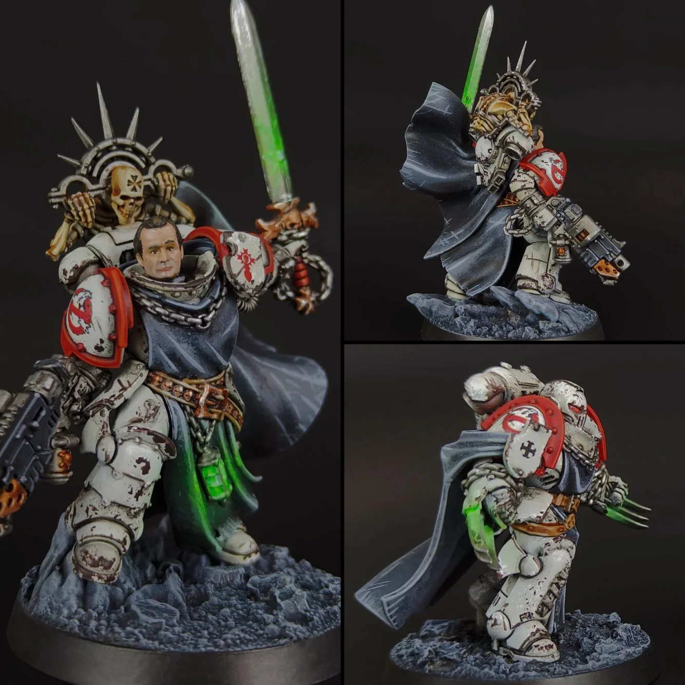 Detailed painted miniature of a futuristic soldier in white armor with red accents, wielding a gun and a glowing green sword, standing on a rocky base with a skull-headed figure riding on the soldier's shoulder.