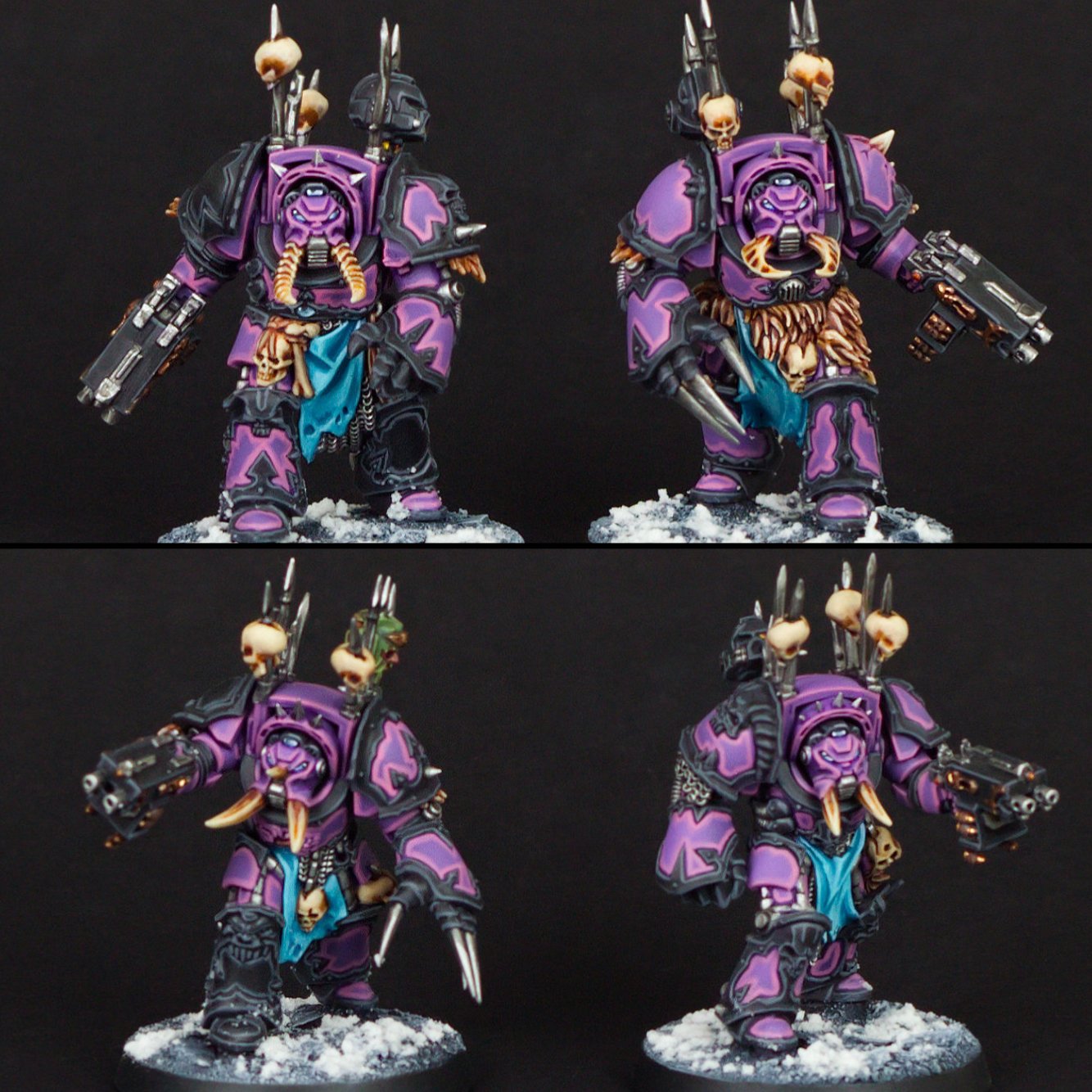 Miniature painted figures of orcs in purple armor with skulls, bones, and spikes, holding guns and weapons, standing on snow-covered bases against a black background.
