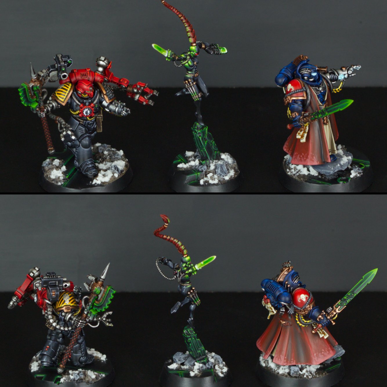 Miniature figurines of futuristic soldiers with armor, weapons, and glowing elements, standing on snow-covered bases against a black background.