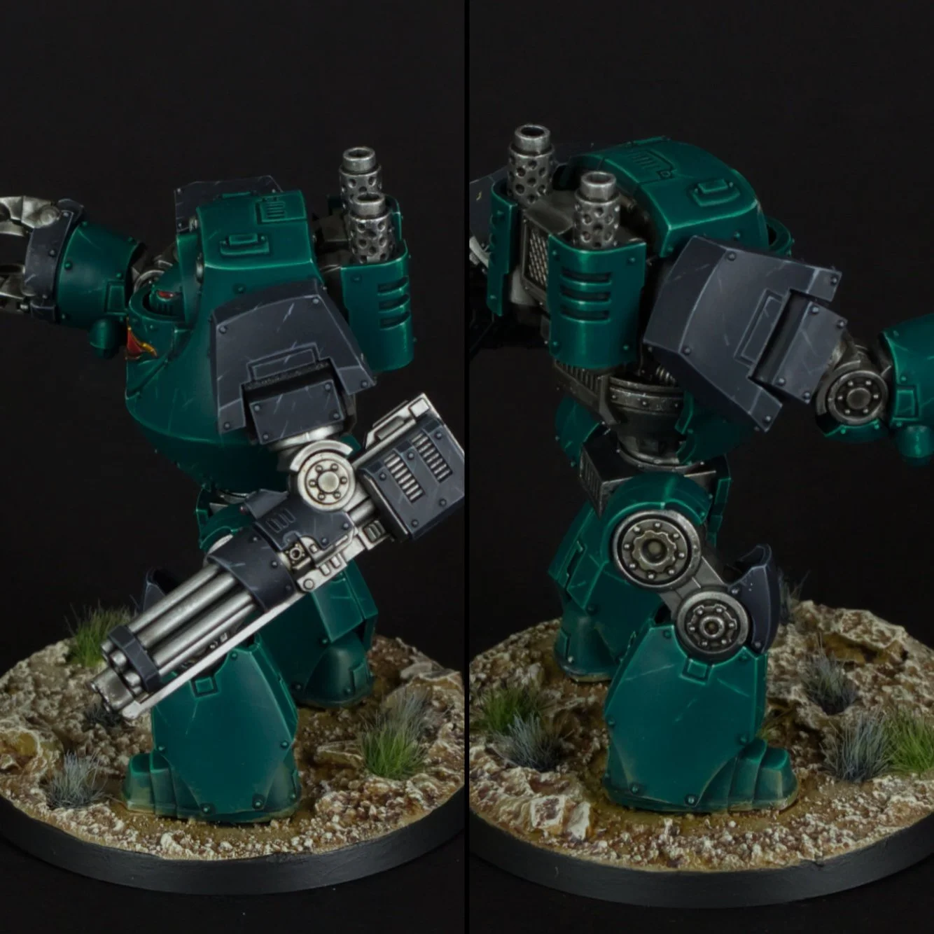 Model of a green and gray robotic mech standing on rocky terrain, shown from front and side views.