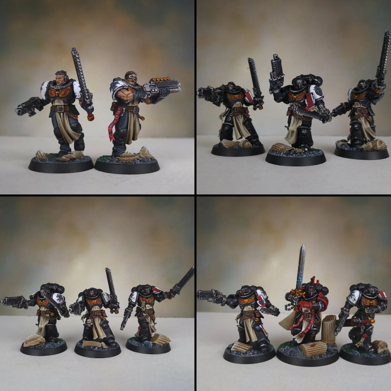 Set of four Warhammer 40K miniature figures painted in black and white, equipped with various weapons, displayed on round bases, with a gray and beige background.