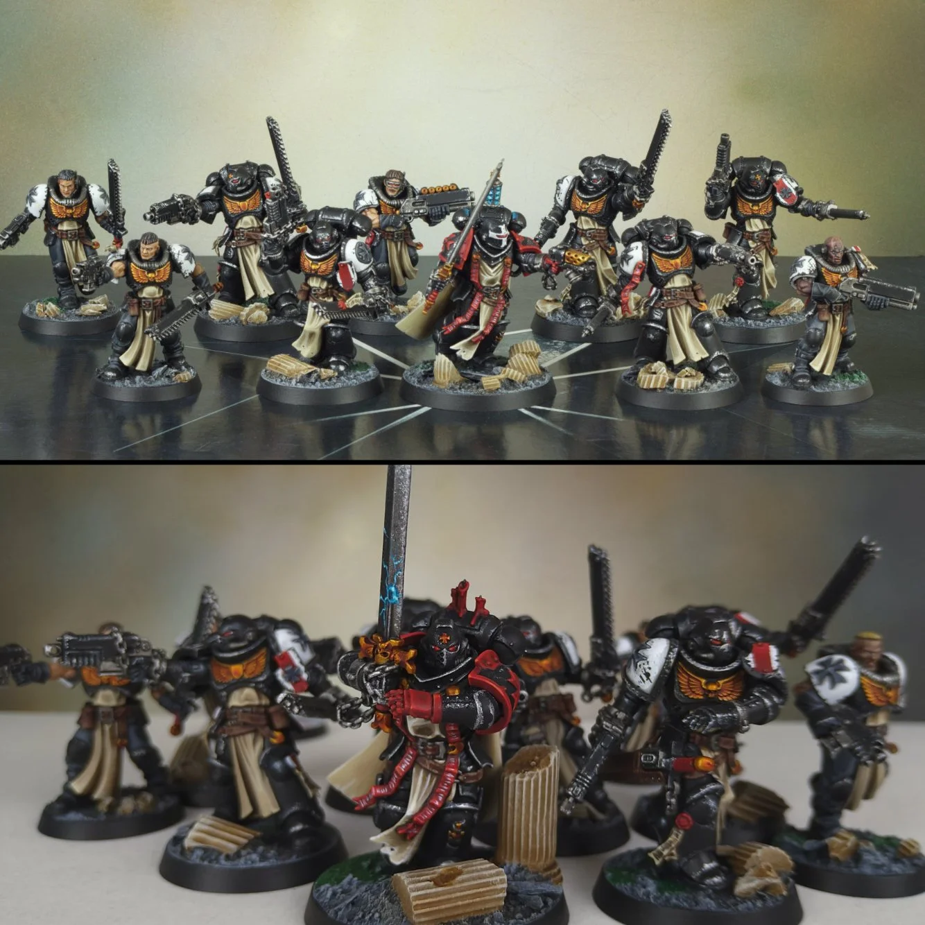 Collection of painted miniature tabletop figures resembling futuristic soldiers or space marines, posed with guns and weapons, displayed on a flat surface.