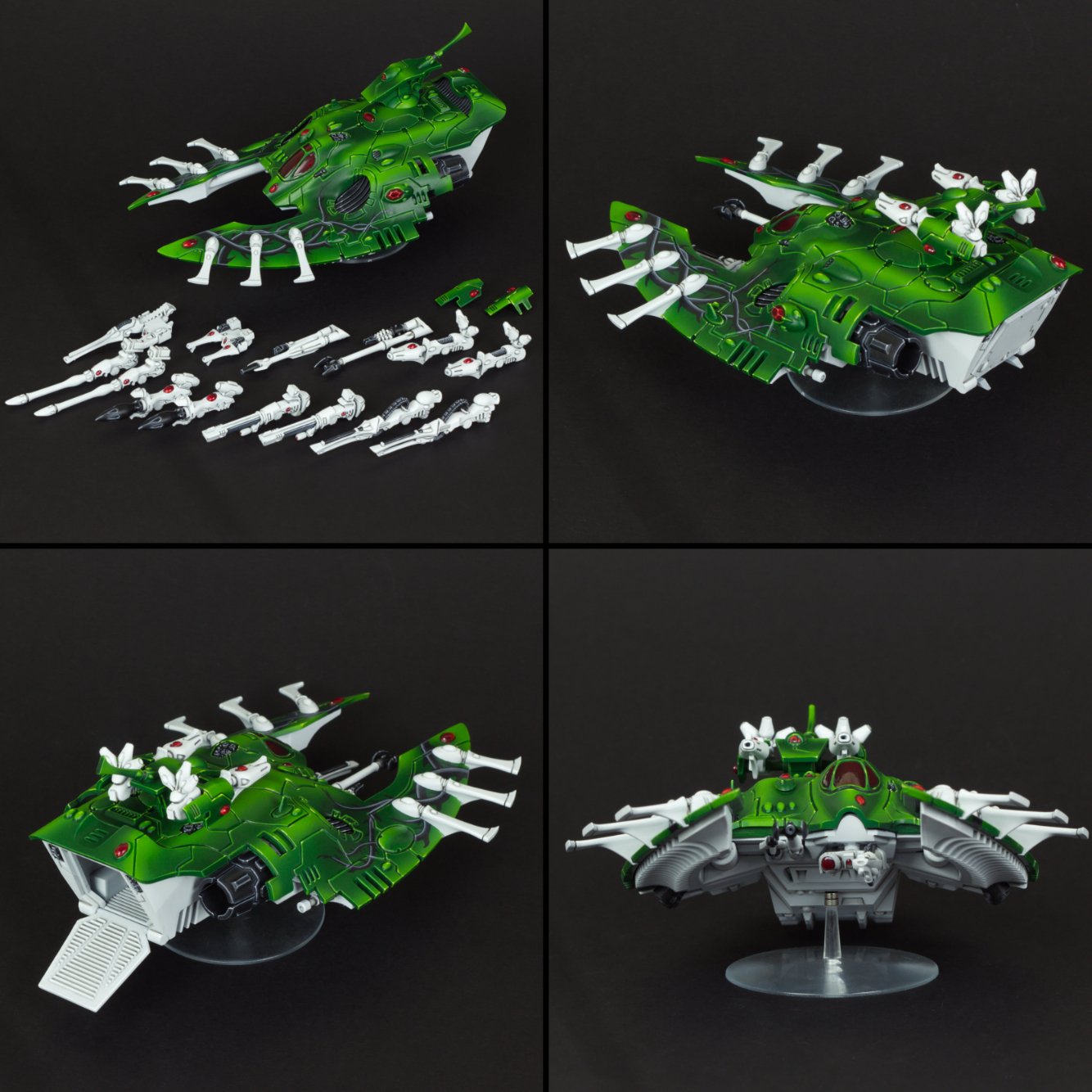 Four images of a green and white model spaceship with disassembled weapons and parts on a black background.